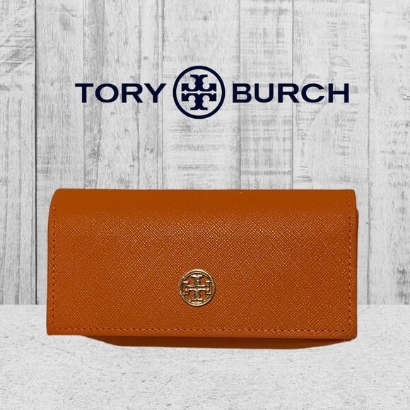 TORY Burch Sunglasses Case‎ Pebbled Leather Orange Gold Logo Authentic - Picture 1 of 5